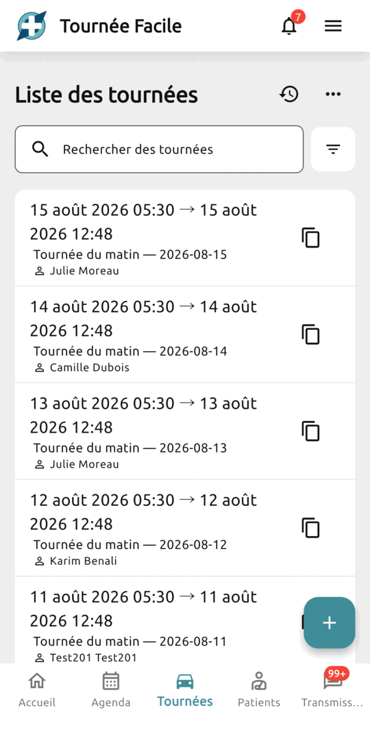 Liste des tournées du cabinet, chacune avec ses dates et le nom de la soignante à qui elle est affectée