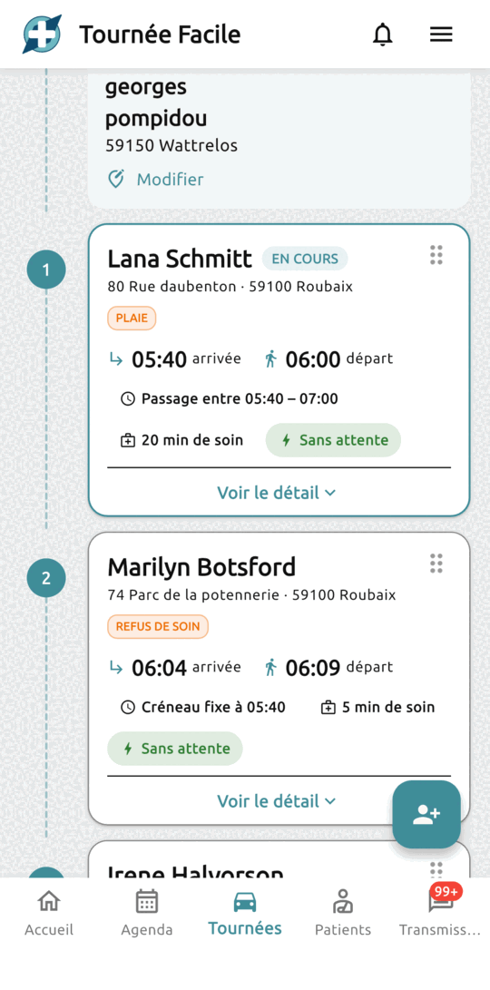 Frise de la tournée : l'adresse de départ puis le premier patient, avec son heure d'arrivée et de départ calculées et sa fenêtre de passage