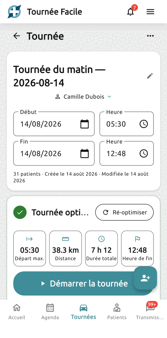 Récapitulatif d’une tournée optimisée : heure de départ maximale, distance, durée totale et heure de fin