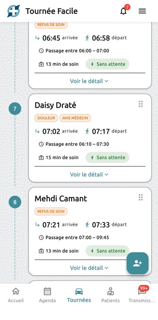 Liste des passages numérotés, avec heure d’arrivée et de départ, plage de passage, durée de soin et temps d’attente