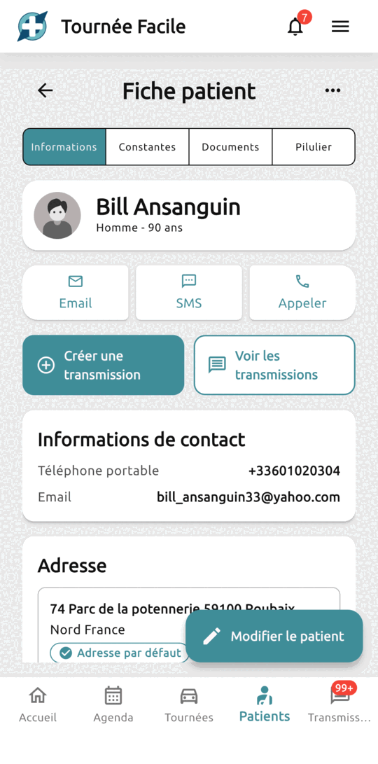 Fiche d’un patient : identité, coordonnées, adresse par défaut, accès aux transmissions
