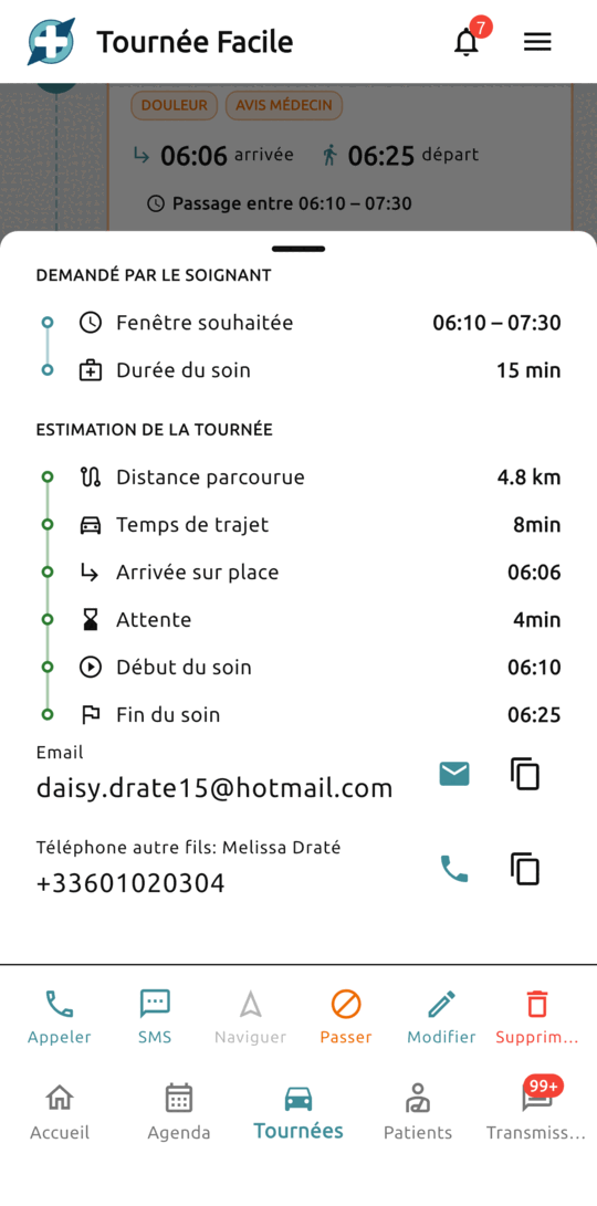 Détail d’un passage : fenêtre souhaitée, durée du soin, distance, temps de trajet, arrivée, attente, début et fin du soin